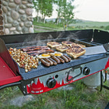 Black metal flat top griddle 14x32 inches with raised sides and grease drain groove for Camp Chef two-burner stove - view 2