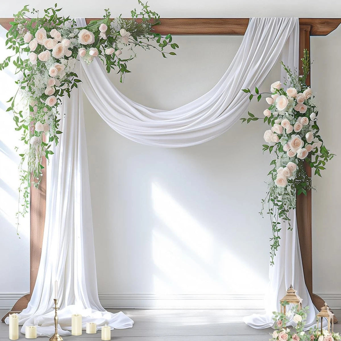 White sheer chiffon fabric panel draped over a wedding arch, 29 inches wide by 19 feet long, lightweight and flowing
