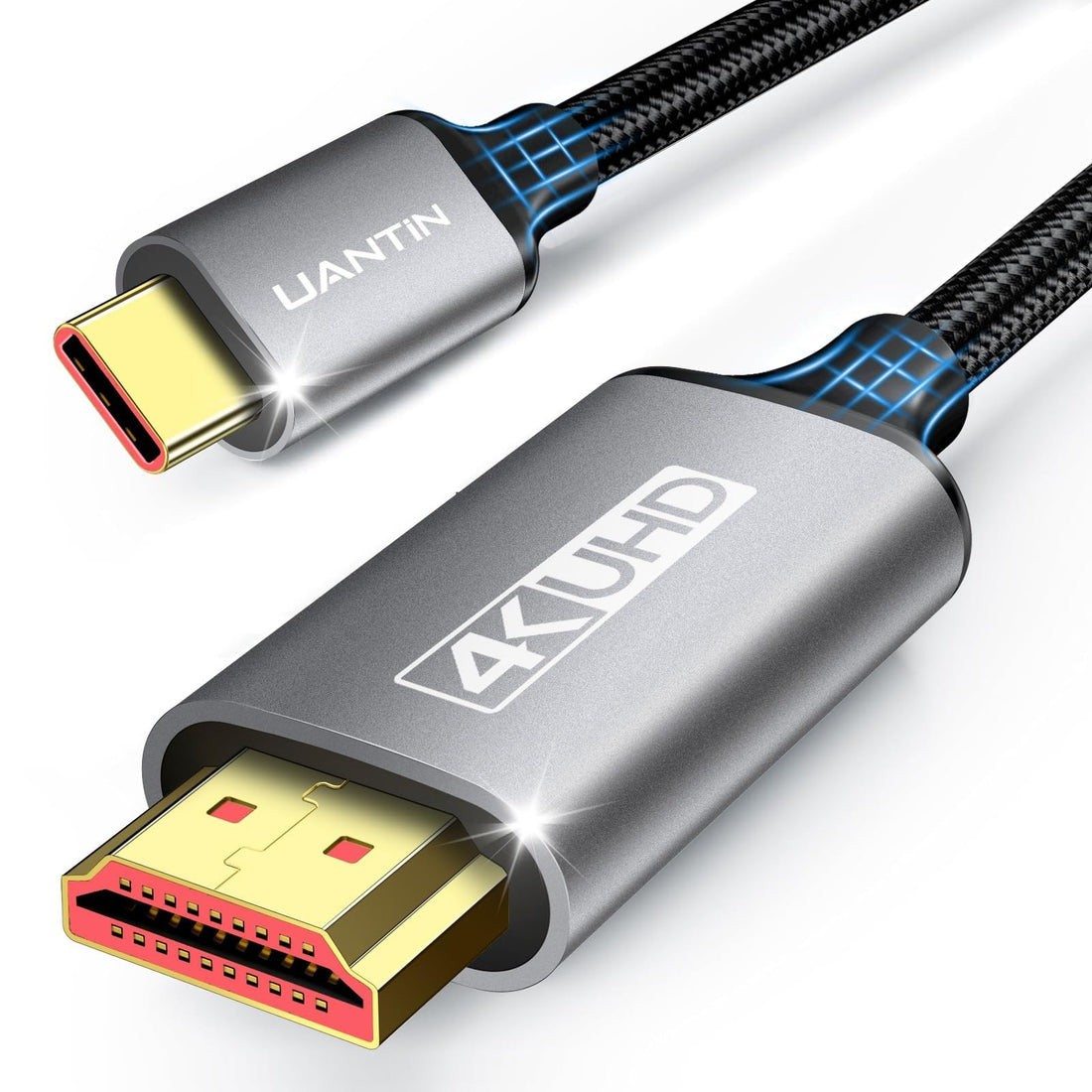 UANTIN 6-foot braided nylon USB-C to HDMI cable with aluminum alloy connectors in gray on white background