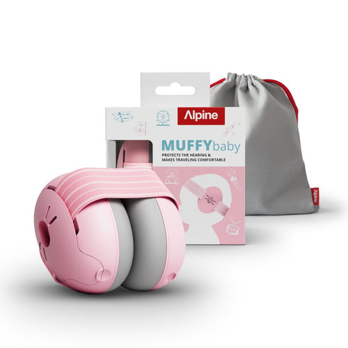Alpine Muffy Baby blush pink ear muffs with adjustable headband and soft foam ear cups for infant hearing protection