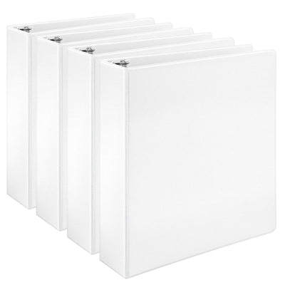 Four white AmazonBasics 2-inch D-ring binders stacked, each holding 500 letter-size sheets with interior pockets