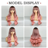 BOGSEA 24-inch long wavy ombre pink synthetic wig with bangs on a mannequin head, shown from front - view 6
