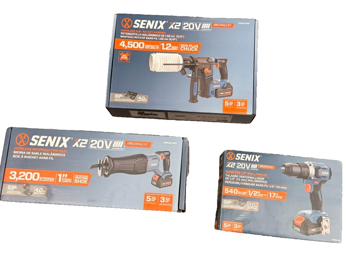 Senix 20V Max brushless 3-tool combo kit with reciprocating saw, SDS-Plus rotary hammer drill, and drill driver with batteries