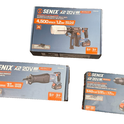 Senix 20V Max brushless 3-tool combo kit with reciprocating saw, SDS-Plus rotary hammer drill, and drill driver with batteries
