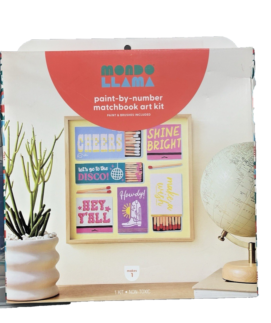 Mondo Llama paint by number kit with boot design canvas board, 16 acrylic paint pots, and 2 brushes in original packaging