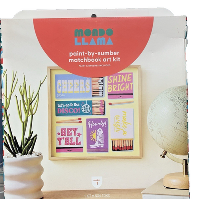 Mondo Llama paint by number kit with boot design canvas board, 16 acrylic paint pots, and 2 brushes in original packaging