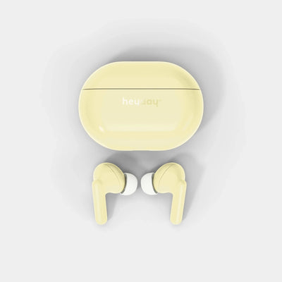 Heyday pastel yellow true wireless Bluetooth earbuds in-ear with USB-C charging case, 18-hour battery life