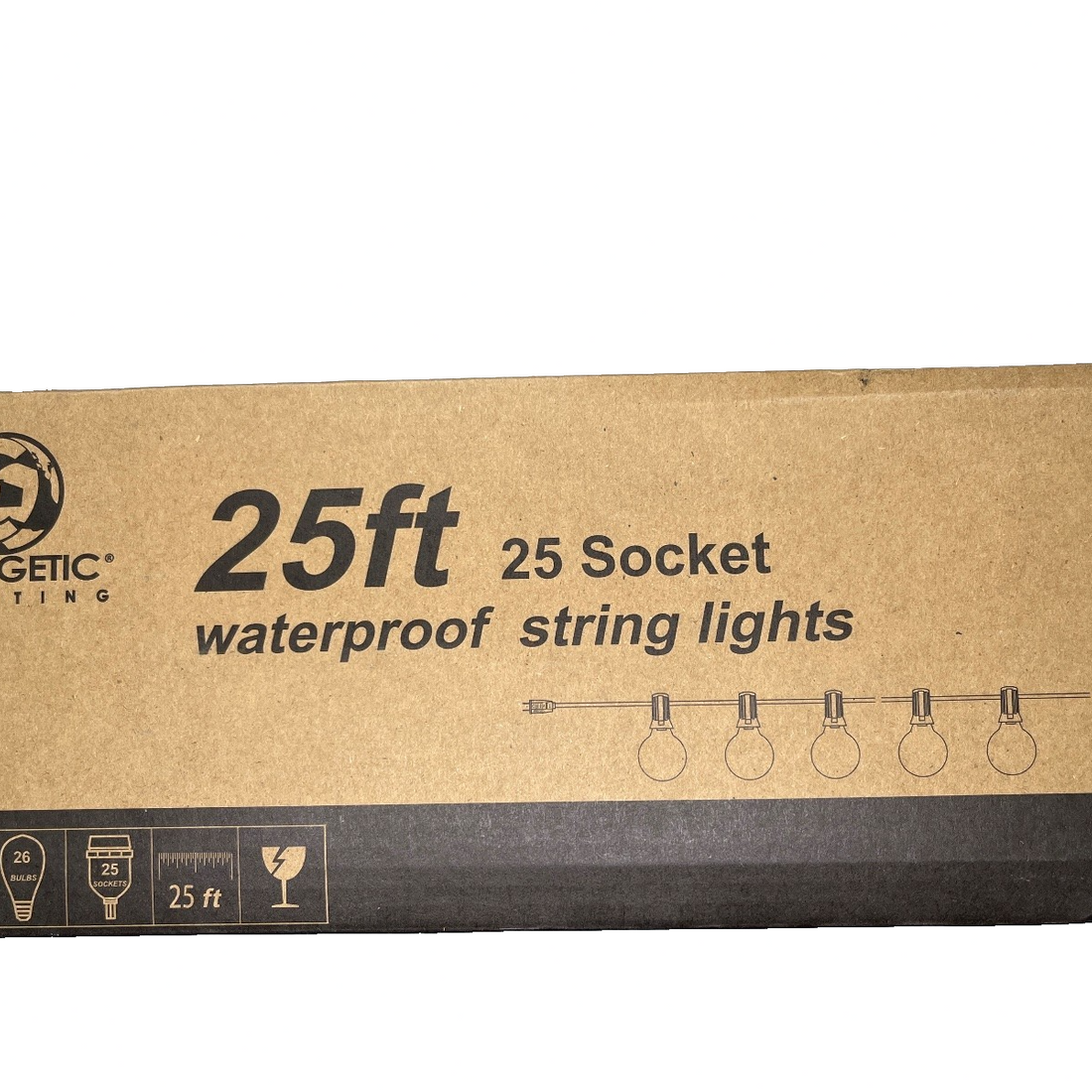 Energetic Lighting 25ft black cord outdoor string lights with 25 warm white G40 globe bulbs hung on a patio