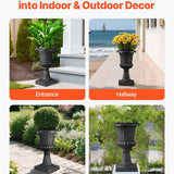 Two black PP plastic pedestal urn planters 9.8x16.5 inches displayed on a patio, VEVOR classic style flower pots - view 6