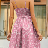 YATHON pink and white polka dot A-line sundress with spaghetti straps and V-neckline, knee-length, size M - view 2