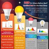 Two Neporal A19 red LED light bulbs with E26 base emitting warm red-orange glow, 625nm blue light blocking sleep bulbs - view 3