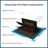 Eight black square PAX 100x100mm natural rubber tire repair patches laid flat, showing nylon ply surface and PET film backing - view 3