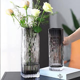 Tall grey square glass vase with crystal-look glossy finish, 9.8 inches tall, thick stable base, modern minimalist design - view 5