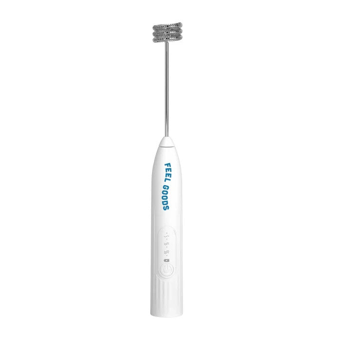 White stainless steel USB rechargeable electric handheld whisk by Feel Goods on a clean kitchen countertop