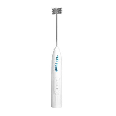 White stainless steel USB rechargeable electric handheld whisk by Feel Goods on a clean kitchen countertop