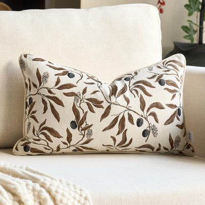 Beige floral chenille lumbar pillow cover 12x20 inches with hidden zipper, shown on a couch or bed as decorative accent