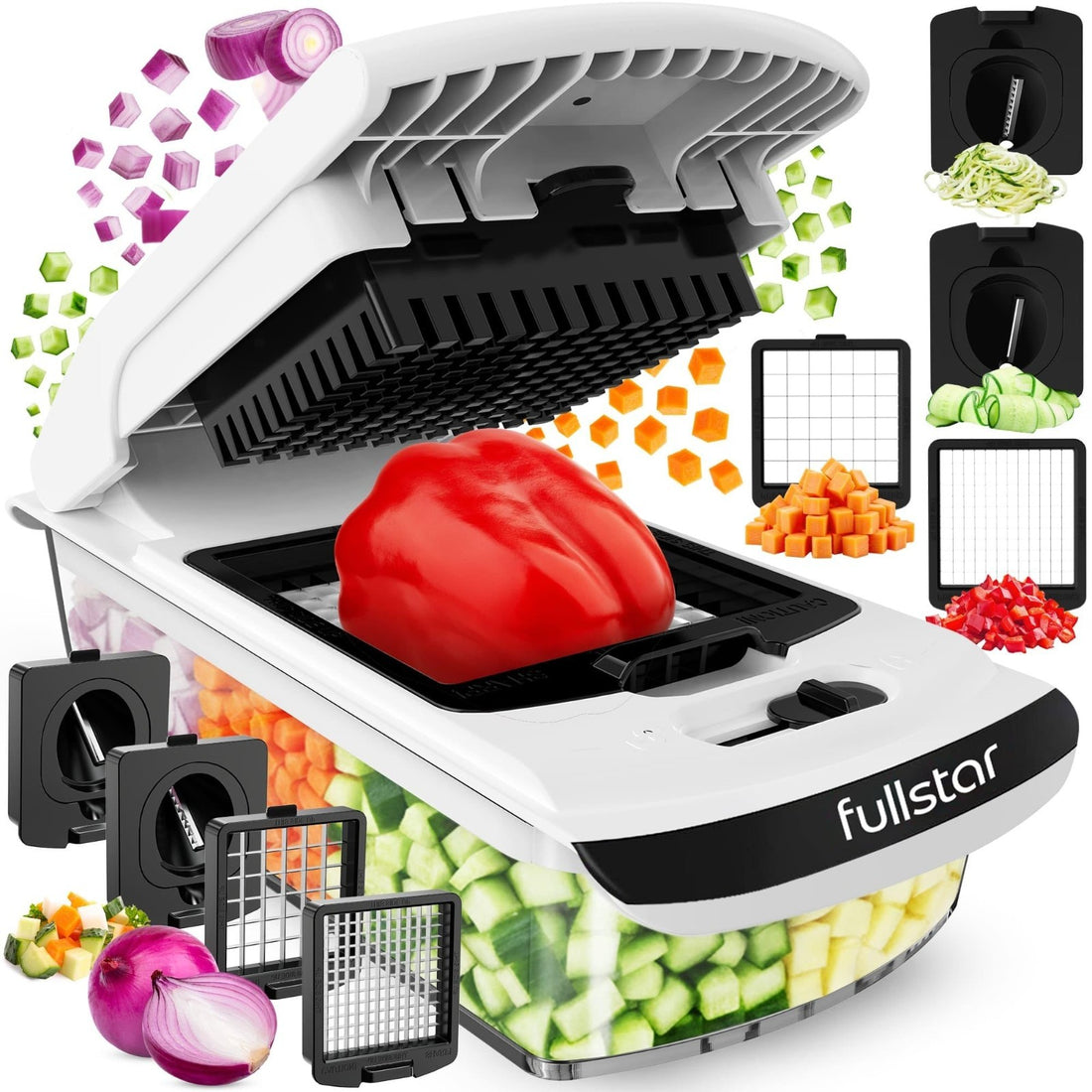 Fullstar Pro white vegetable chopper spiralizer with 5-cup container and 4 interchangeable stainless steel blades on countertop