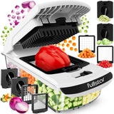 Fullstar Pro white vegetable chopper spiralizer with 5-cup container and 4 interchangeable stainless steel blades on countertop