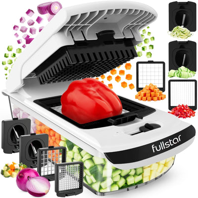 Fullstar Pro white vegetable chopper spiralizer with 5-cup container and 4 interchangeable stainless steel blades on countertop