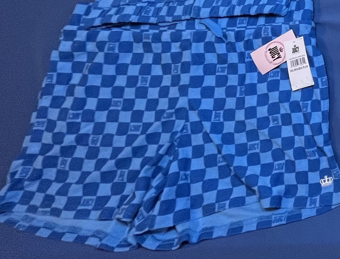 Juicy Couture blue and white checkered terry cloth shorts size large with contrast logo trim, new with tags
