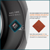 Eight black square PAX 100x100mm natural rubber tire repair patches laid flat, showing nylon ply surface and PET film backing - view 5