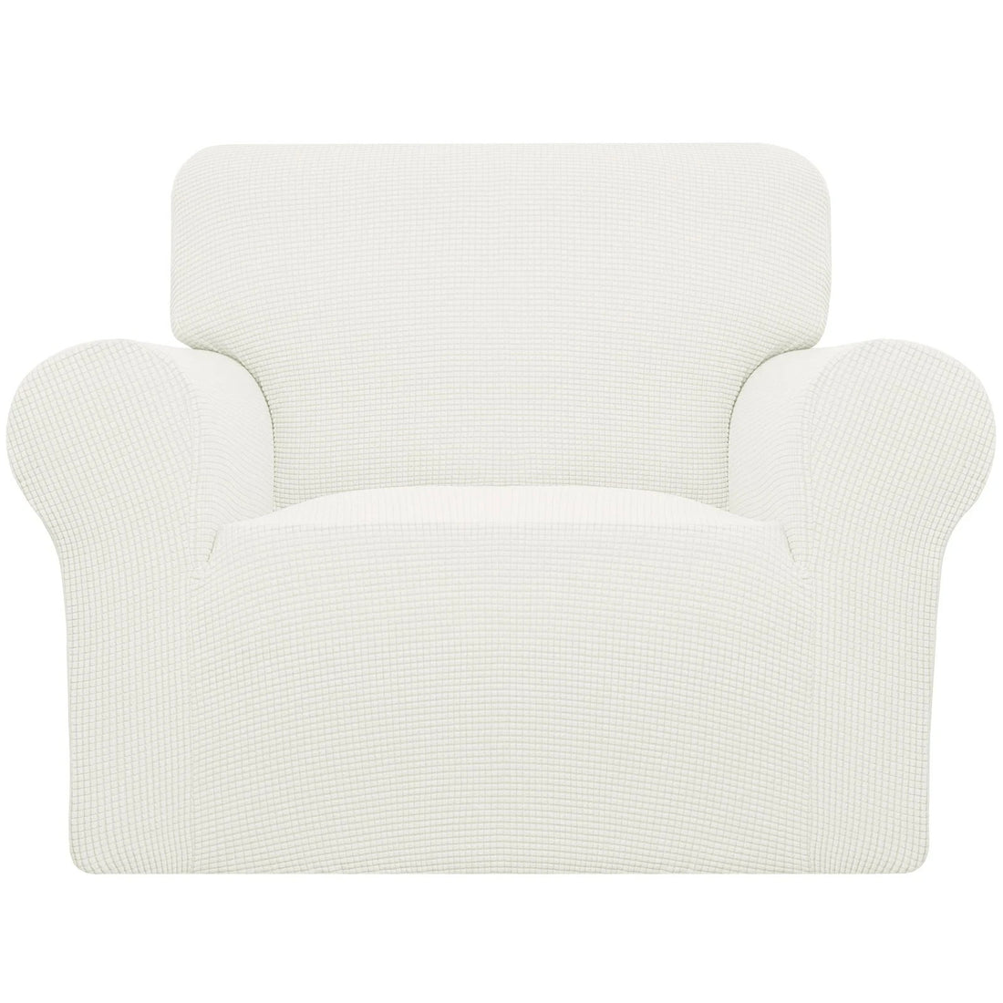 Cream check jacquard stretch slipcover fitted snugly over a single-seat armchair with elastic anti-slip base