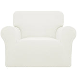 Cream check jacquard stretch slipcover fitted snugly over a single-seat armchair with elastic anti-slip base
