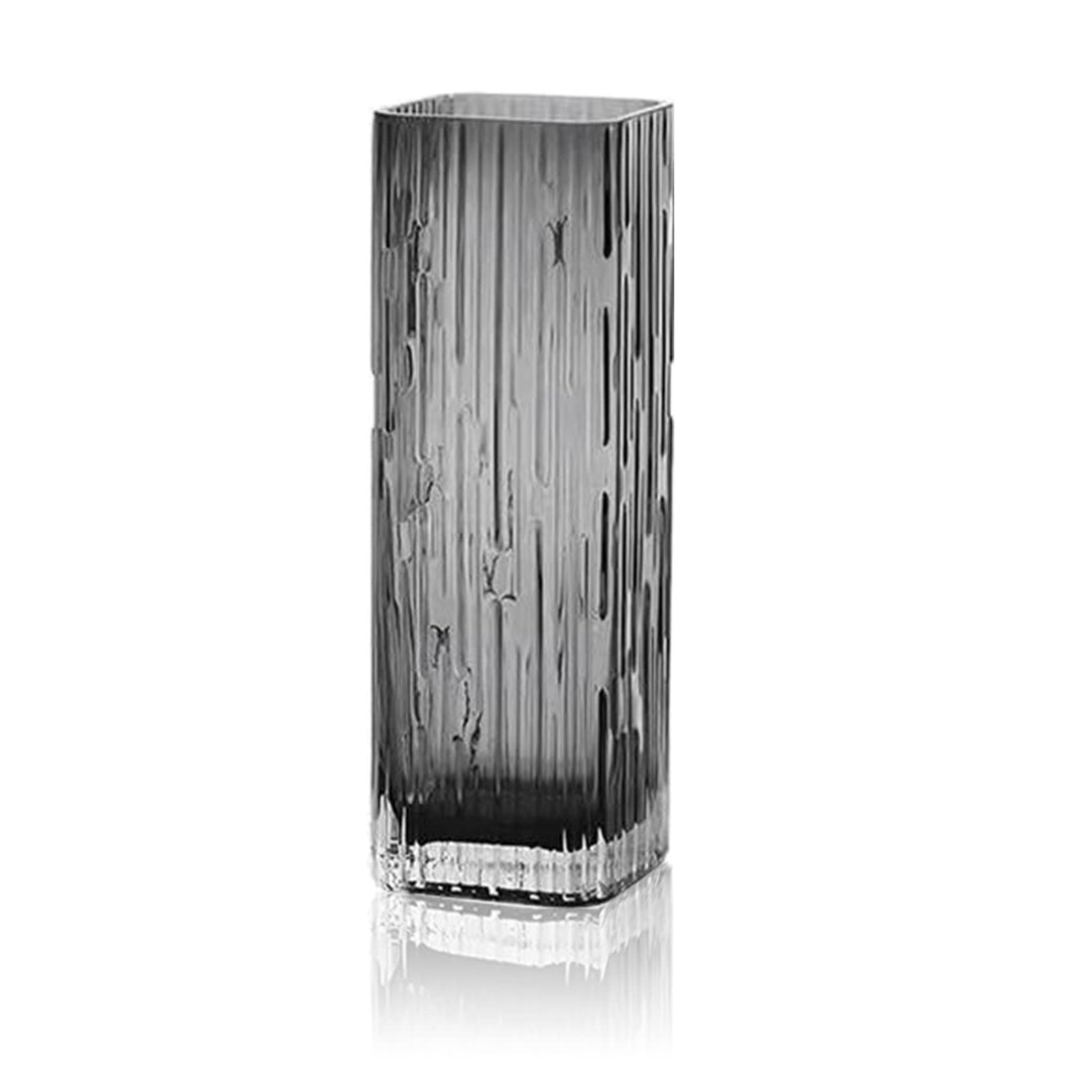 Tall grey square glass vase with crystal-look glossy finish, 9.8 inches tall, thick stable base, modern minimalist design