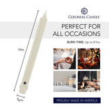 Six ivory 10-inch Colonial Candle taper candles with beveled base, unscented soy blend wax, set of 6 - view 3