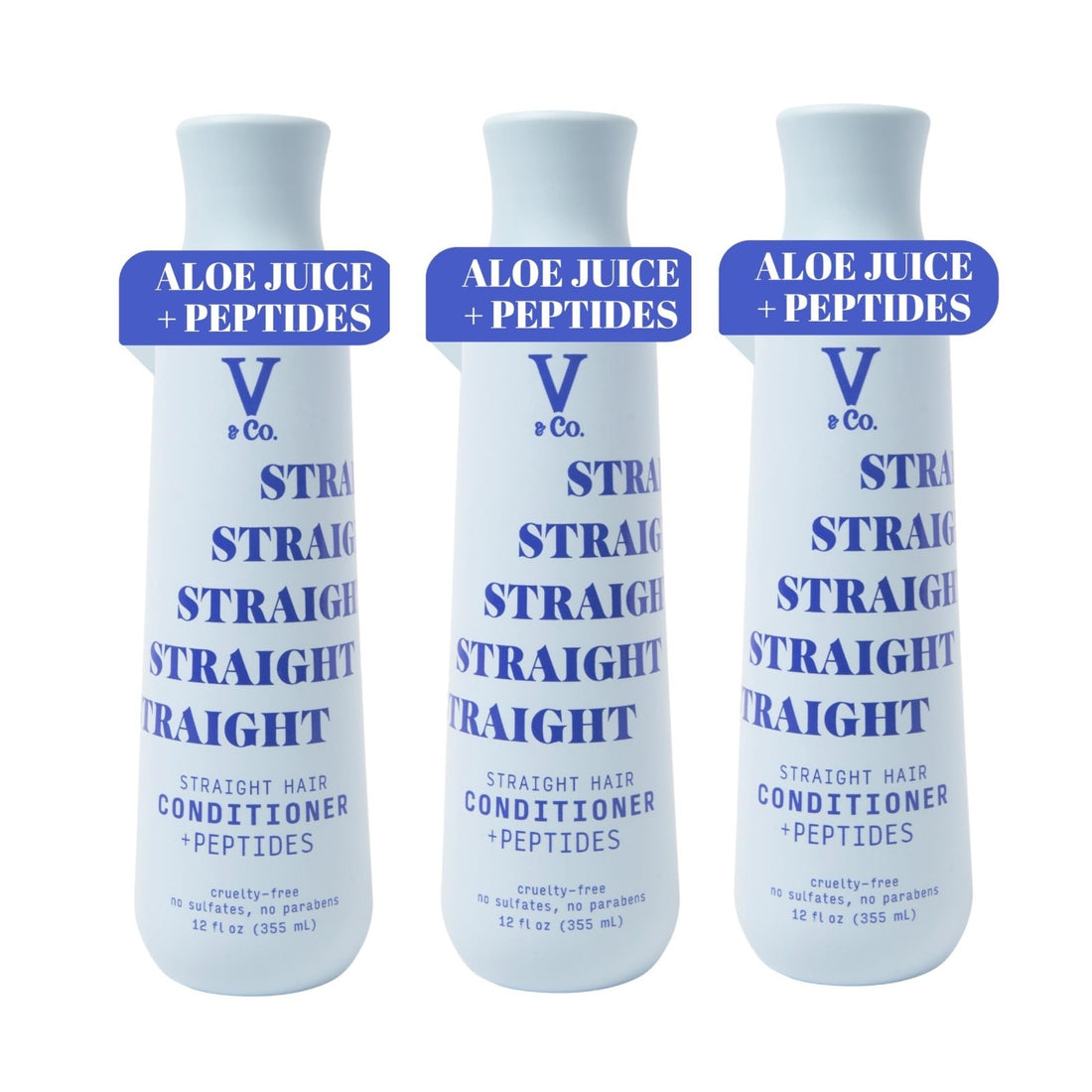 Three 12oz bottles of V&Co. Straight Hair Moisturizing Conditioner with aloe and peptide formula