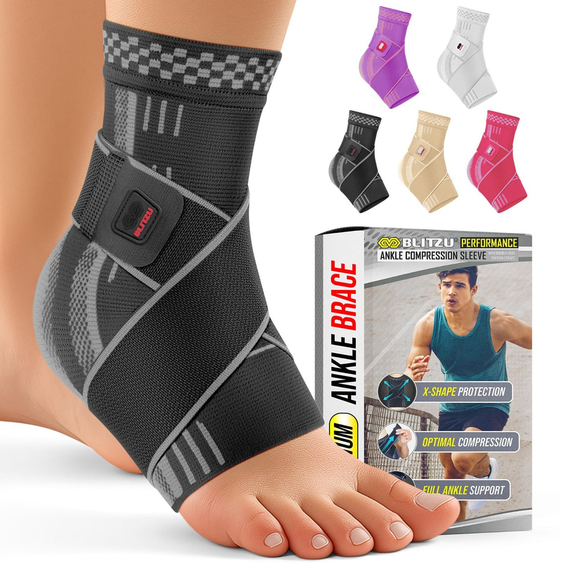 Blitzu black ankle brace compression sleeve with adjustable dual straps and arch support, medium size, shown on neutral background