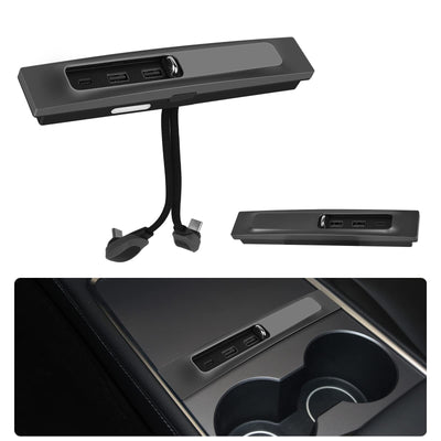 Hodozzy silver metal 3-in-1 USB hub docking station for Tesla 2021+ center console with USB and USB-C ports