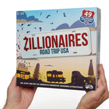 Big Potato Zillionaires Road Trip USA board game box with wooden gavel, property cards and money notes for 2-5 players