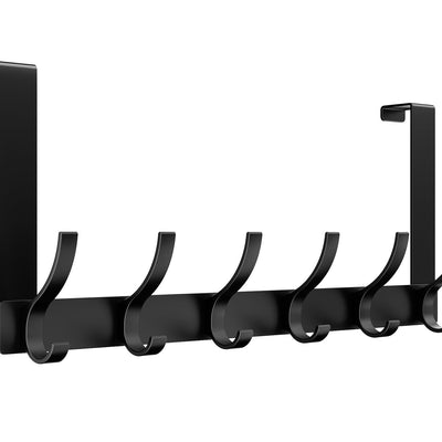 Optish matte black over-the-door hook rack with 12 hooks mounted on a white door for coats and towels
