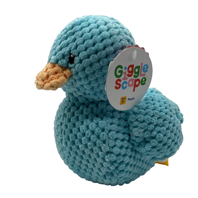 Light blue crochet-style duck stuffed animal plush toy with peach-orange beak and embroidered eyes by Gigglescape