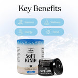 Glass jar of Pure Himalayan Shilajit soft resin 15g with measuring spoon, showing dark brown fulvic acid mineral supplement - view 2