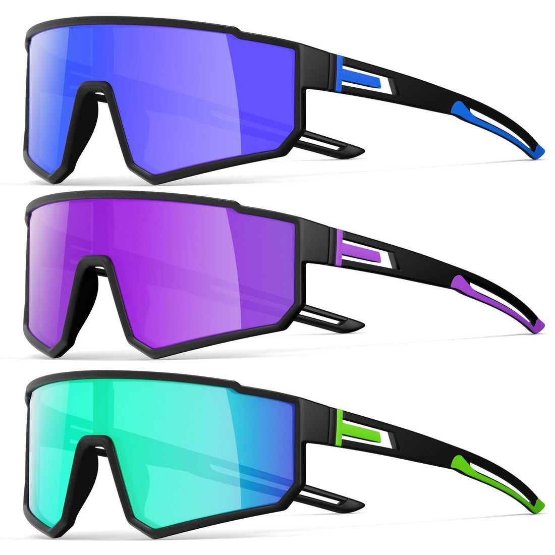 Three pairs of IKTOD polarized wrap sports sunglasses in blue, purple, and green with black frames on white background