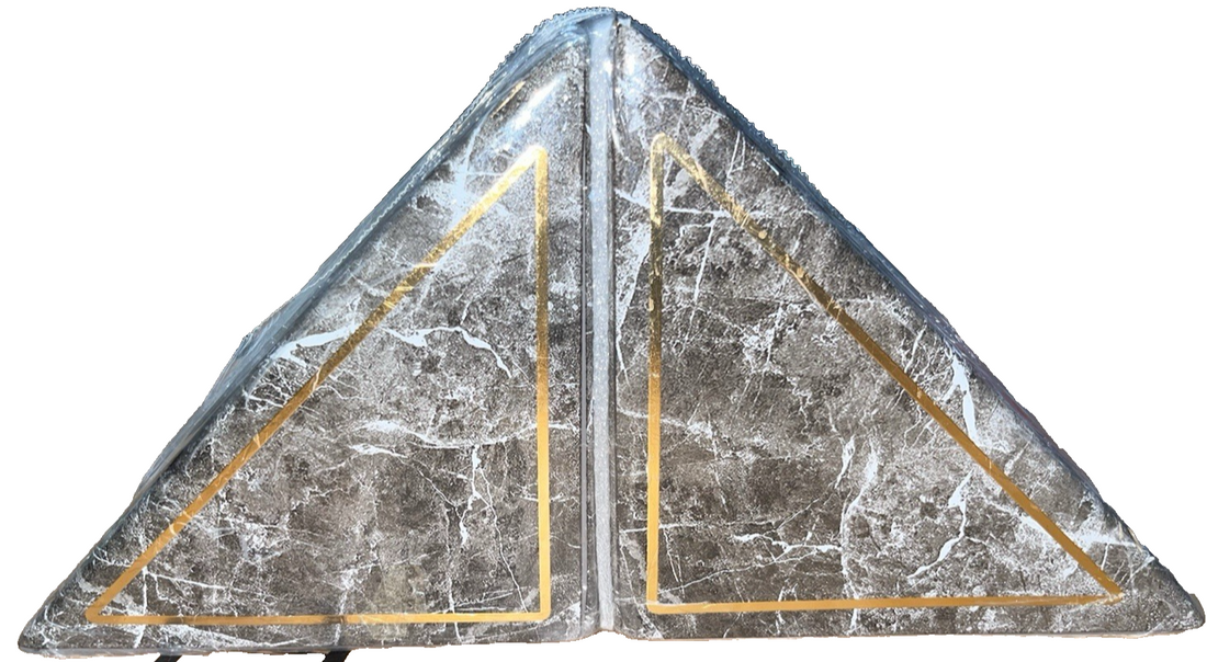 Set of 2 triangle marble bookends in dark gray and white stone pattern with gold accent corners, 5x5x7.25 inches