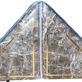 Set of 2 triangle marble bookends in dark gray and white stone pattern with gold accent corners, 5x5x7.25 inches