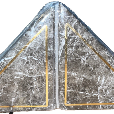 Set of 2 triangle marble bookends in dark gray and white stone pattern with gold accent corners, 5x5x7.25 inches