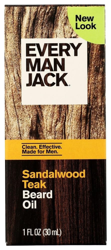 Every Man Jack 1 oz Sandalwood Teak Hydrating Beard Oil bottle with argan oil and shea butter formula