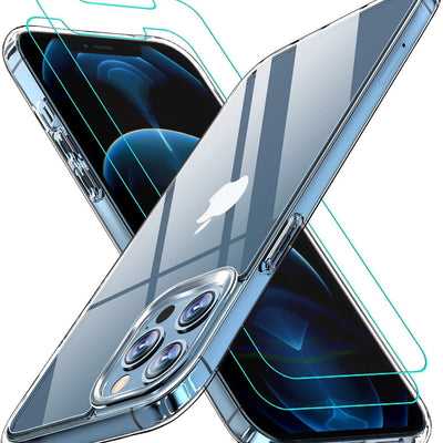 AEDILYS clear slim TPU bumper case for iPhone 12 and 12 Pro shown with two 9H tempered glass screen protectors