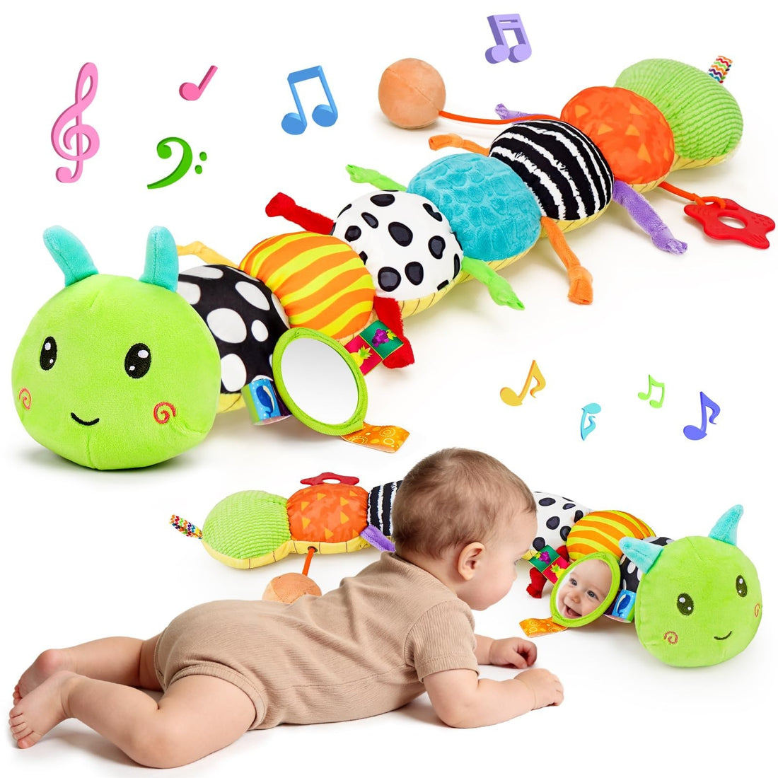Green plush caterpillar baby toy with crinkle texture and music button for newborn tummy time sensory play