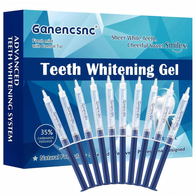 Ten mint-flavored teeth whitening gel refill syringes with 35% carbamide peroxide formula arranged on white surface