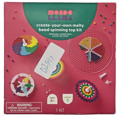 Mondo Llama Melty Bead Spinning Top Kit box with colorful beads, pegboards, gyro sticks and finished spinning tops