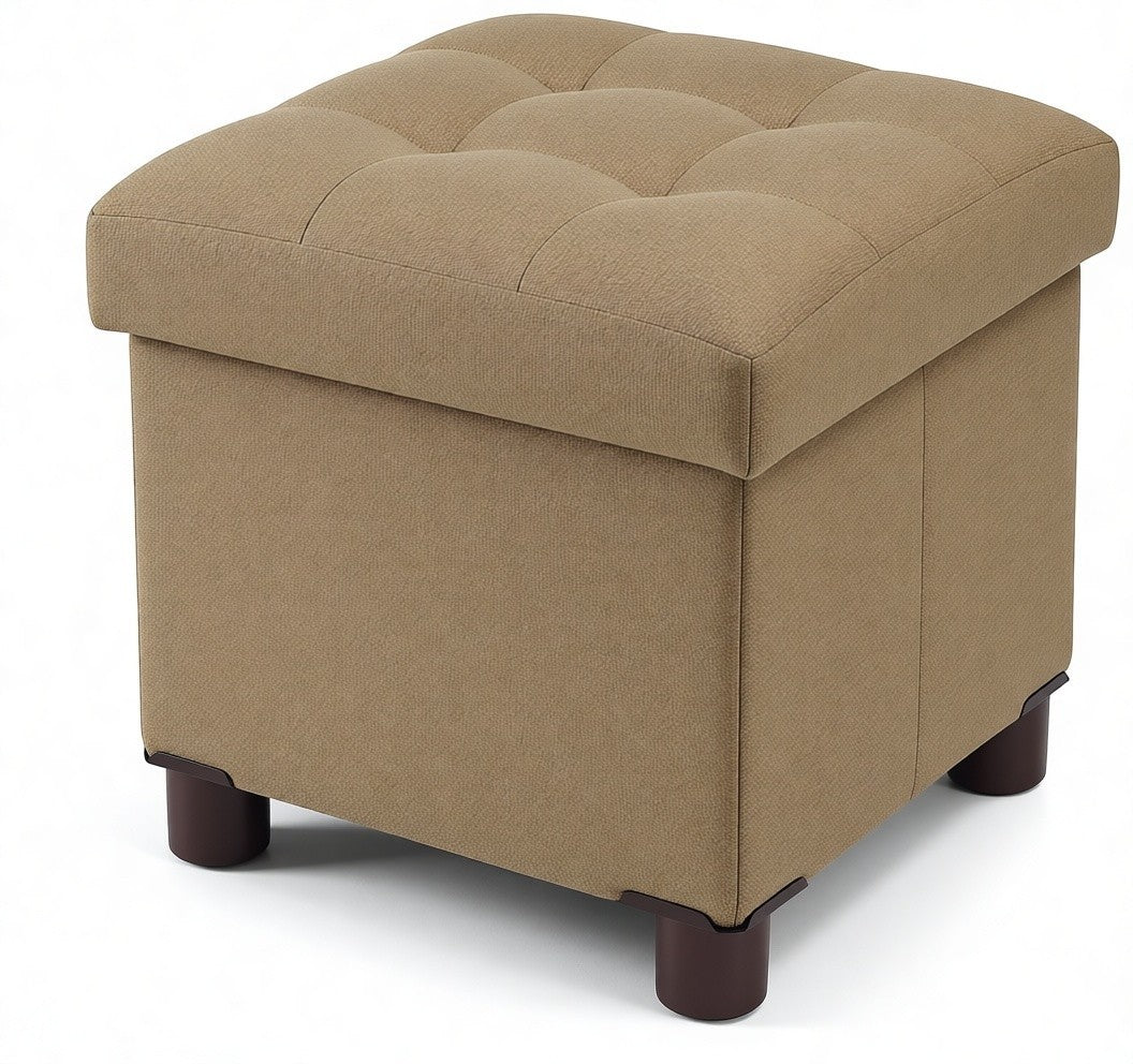 Small square khaki linen storage ottoman with wood legs and reversible lid, 12.6 inches, folded flat beside a living room sofa