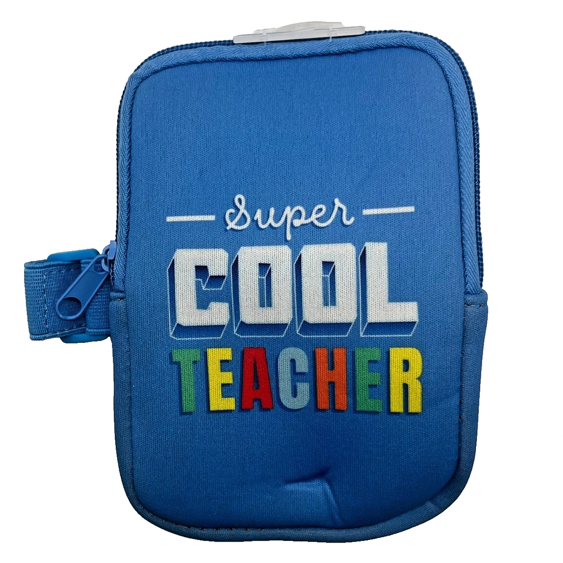 Blue rubber zippered tumbler pouch 4.5x5.7 inches with Super Cool Teacher text attaches to water tumbler