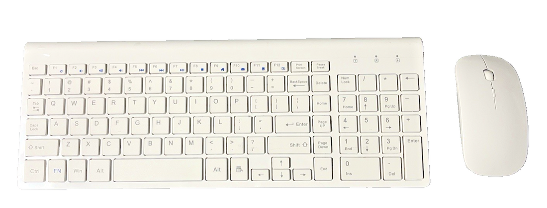 TopMate KM9000 white wireless keyboard and mouse combo with slim profile and USB nano receiver on white background