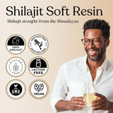 Glass jar of Pure Himalayan Shilajit soft resin 15g with measuring spoon, showing dark brown fulvic acid mineral supplement - view 3