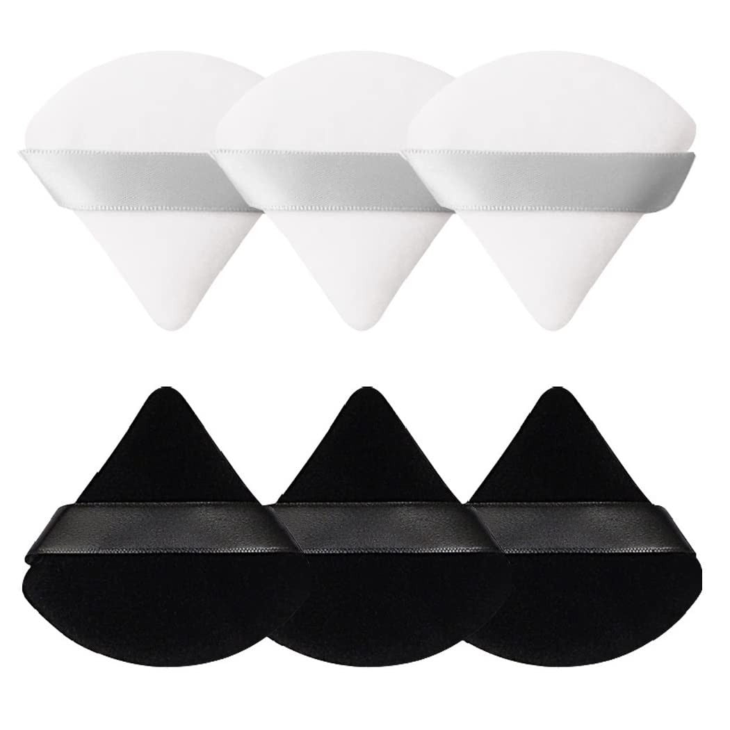 Six black and white triangle and round velour powder puffs by Pimoys arranged in a set, 2.76 inch makeup sponges